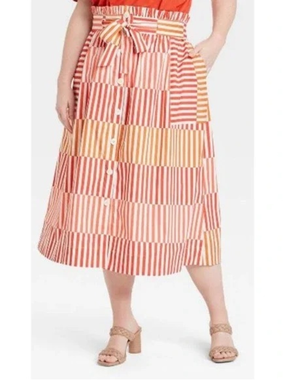 Who What Wear Striped belted Midi Skirt in coral, orange and red